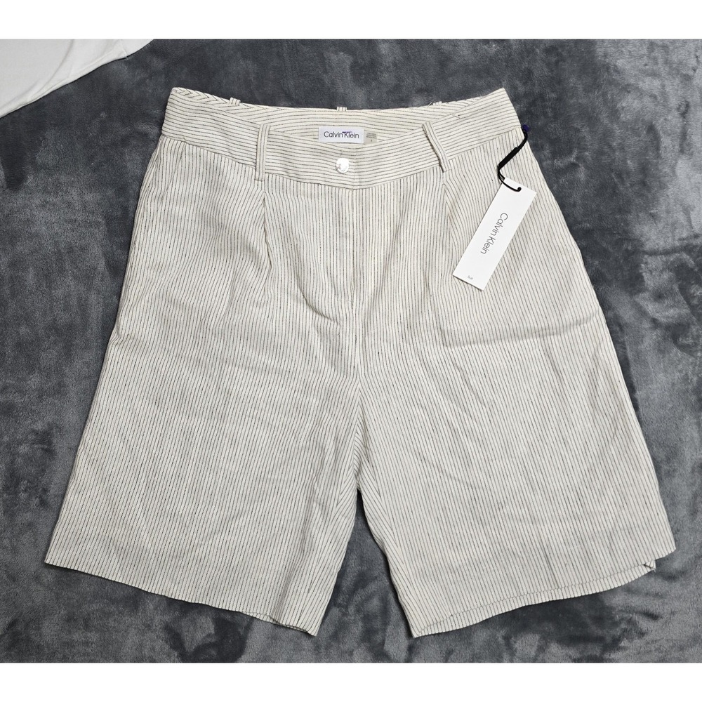 Calvin‎ Klein Shorts Womens 6 White Striped Bermuda Linen Blend Lined Casual